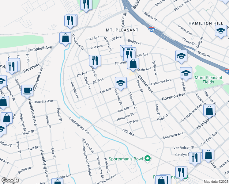 map of restaurants, bars, coffee shops, grocery stores, and more near 1066 Webster Street in Schenectady