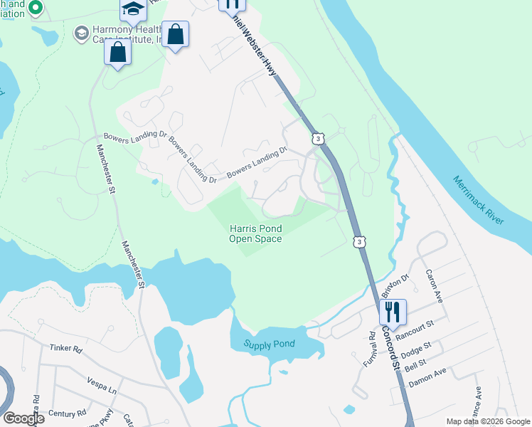 map of restaurants, bars, coffee shops, grocery stores, and more near 64 Merrimack Drive in Merrimack