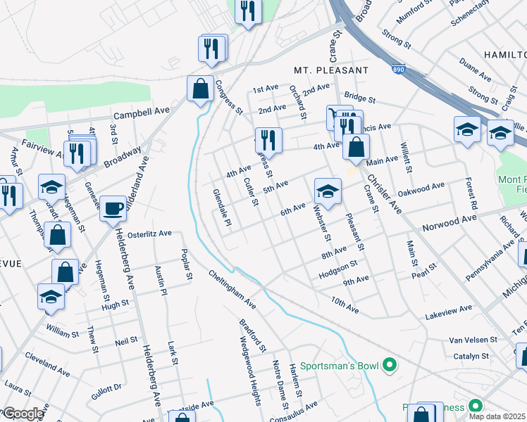 map of restaurants, bars, coffee shops, grocery stores, and more near 1037 Cutler Street in Schenectady