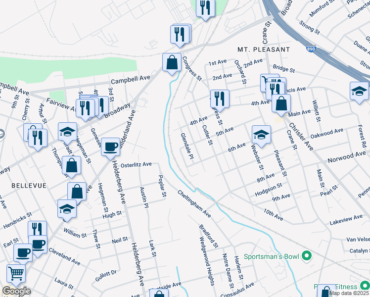 map of restaurants, bars, coffee shops, grocery stores, and more near 1002 Glendale Place in Schenectady