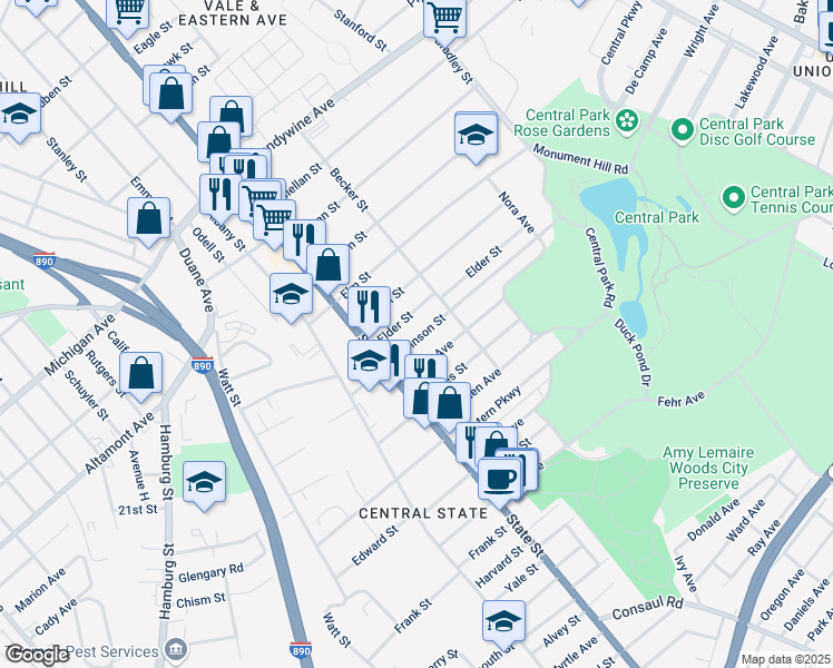 map of restaurants, bars, coffee shops, grocery stores, and more near 47 Robinson Street in Schenectady