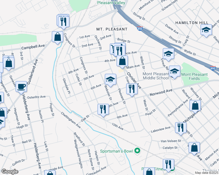 map of restaurants, bars, coffee shops, grocery stores, and more near 1091 Webster Street in Schenectady