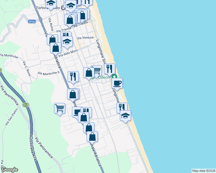 map of restaurants, bars, coffee shops, grocery stores, and more near 13 Via Alessandro Volta in Tortoreto Lido