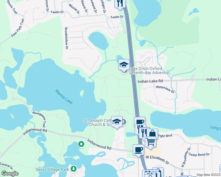 map of restaurants, bars, coffee shops, grocery stores, and more near 980 Manitou Lane in Orion charter Township