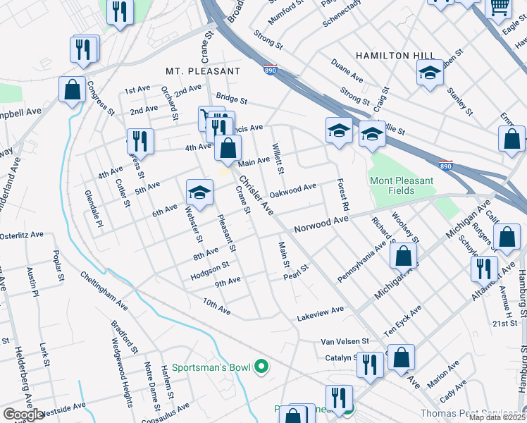 map of restaurants, bars, coffee shops, grocery stores, and more near 1118 Chrisler Avenue in Schenectady