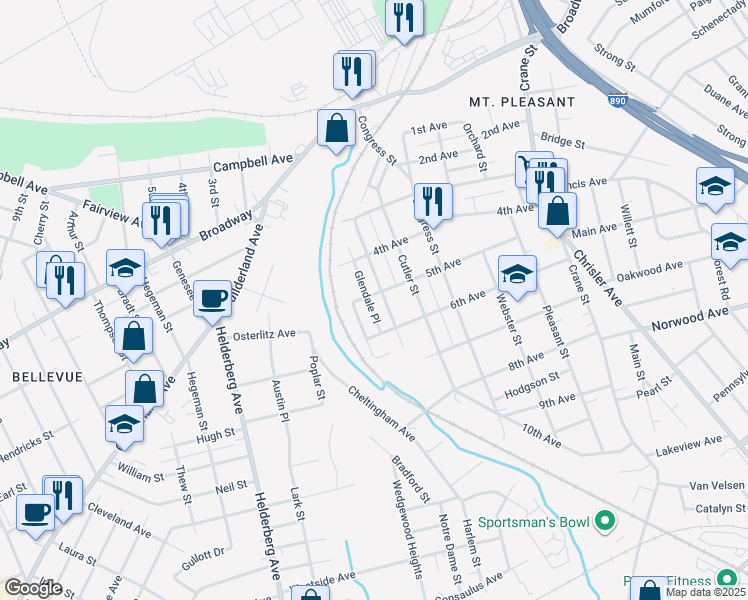 map of restaurants, bars, coffee shops, grocery stores, and more near 1002 Glendale Place in Schenectady