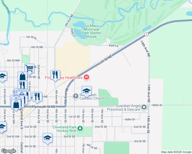 map of restaurants, bars, coffee shops, grocery stores, and more near 2-30 Park Village in Le Mars