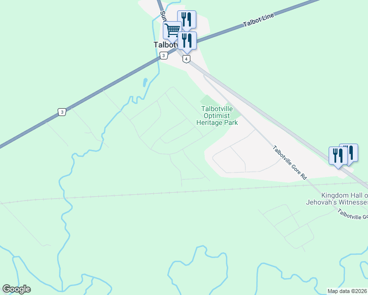 map of restaurants, bars, coffee shops, grocery stores, and more near 74 Optimist Drive in Talbotville