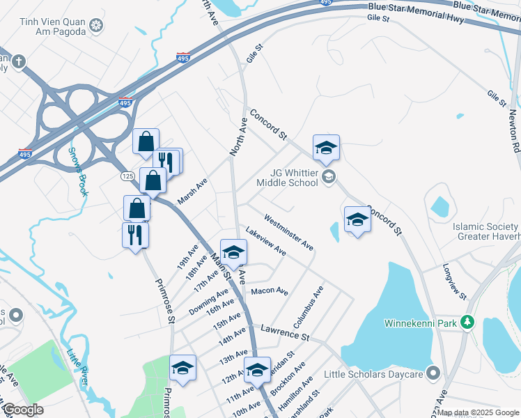map of restaurants, bars, coffee shops, grocery stores, and more near 8 Westminster Avenue in Haverhill