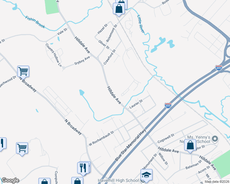 map of restaurants, bars, coffee shops, grocery stores, and more near 665 Hilldale Avenue in Haverhill