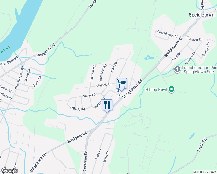 map of restaurants, bars, coffee shops, grocery stores, and more near 1 Sunset Drive in Troy
