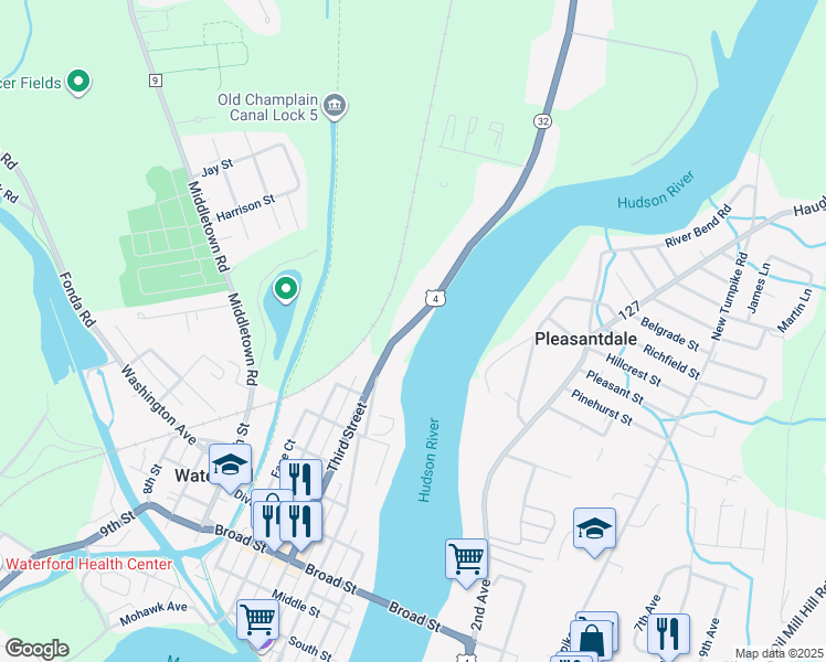 map of restaurants, bars, coffee shops, grocery stores, and more near 153 Third Street in Waterford