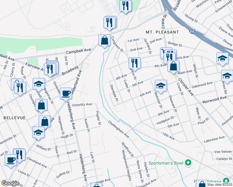 map of restaurants, bars, coffee shops, grocery stores, and more near 1002 Glendale Place in Schenectady