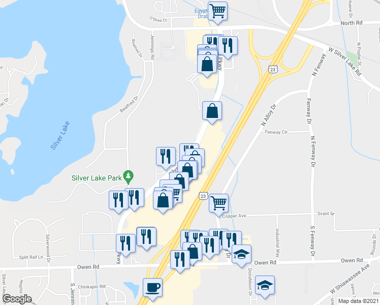 map of restaurants, bars, coffee shops, grocery stores, and more near 17230 Silver Parkway in Fenton