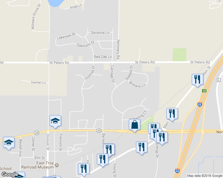 map of restaurants, bars, coffee shops, grocery stores, and more near 1722 Steeple Drive in East Troy