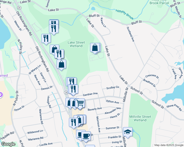 map of restaurants, bars, coffee shops, grocery stores, and more near 25 Lake Street in Salem