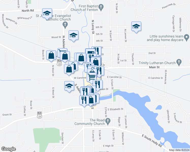 map of restaurants, bars, coffee shops, grocery stores, and more near 110 Fenton Square in Fenton
