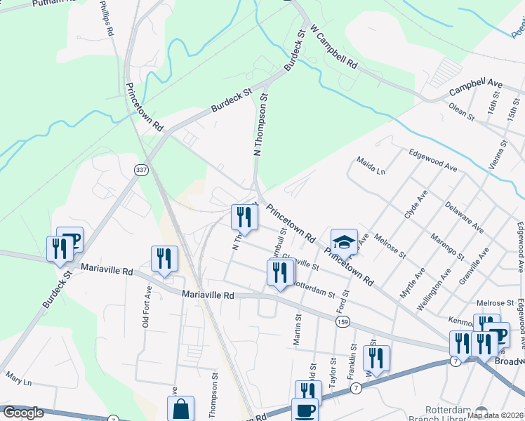 map of restaurants, bars, coffee shops, grocery stores, and more near 60 Niskayuna Street in Rotterdam