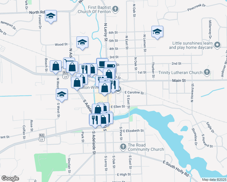 map of restaurants, bars, coffee shops, grocery stores, and more near 103 South Leroy Street in Fenton