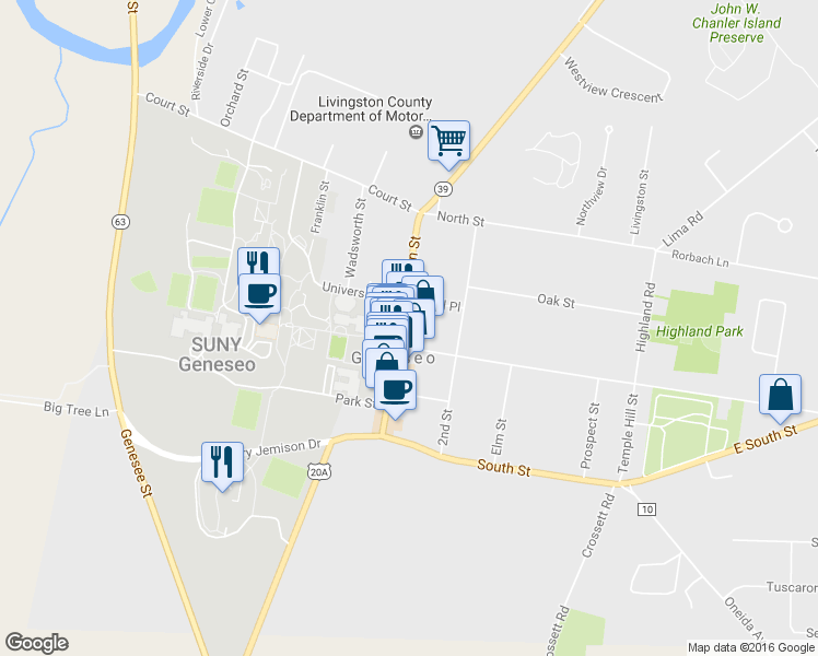 map of restaurants, bars, coffee shops, grocery stores, and more near 53 Main Street in Geneseo