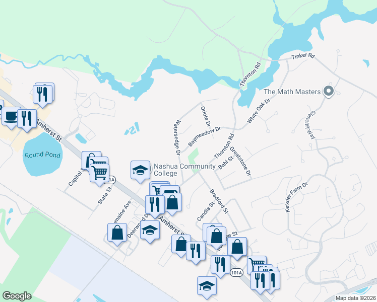 map of restaurants, bars, coffee shops, grocery stores, and more near 21 Baymeadow Drive in Nashua