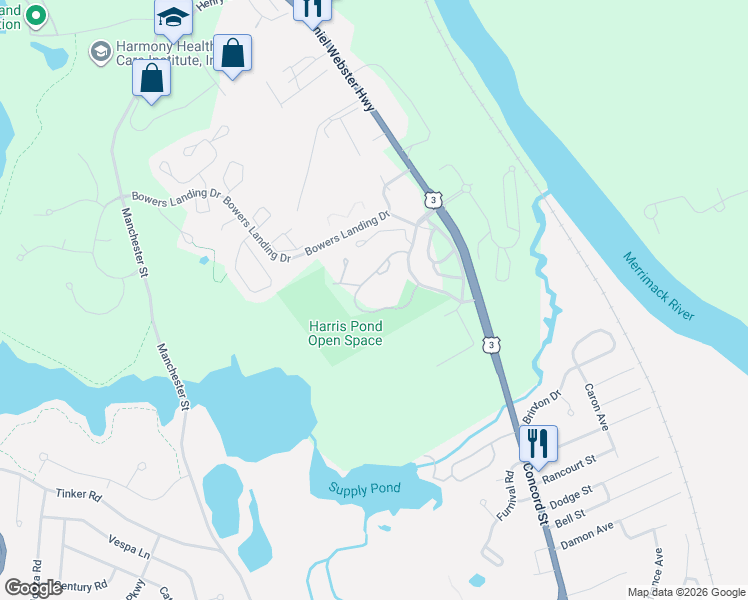 map of restaurants, bars, coffee shops, grocery stores, and more near 64 Merrimack Drive in Merrimack