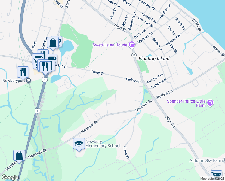 map of restaurants, bars, coffee shops, grocery stores, and more near 7 Paul’s Way in Newbury