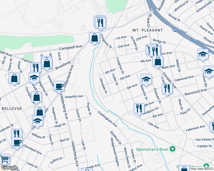 map of restaurants, bars, coffee shops, grocery stores, and more near 1002 Glendale Place in Schenectady