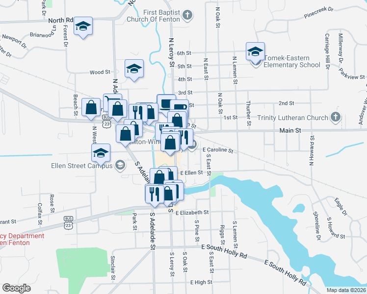map of restaurants, bars, coffee shops, grocery stores, and more near 103 South Leroy Street in Fenton