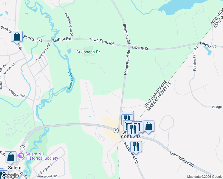 map of restaurants, bars, coffee shops, grocery stores, and more near 11 Meadow Lane in Salem