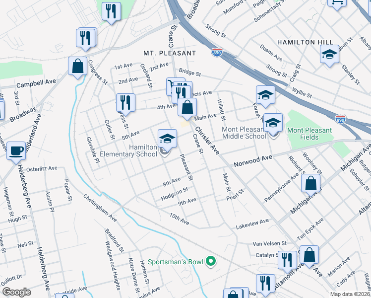 map of restaurants, bars, coffee shops, grocery stores, and more near 1076 Pleasant Street in Schenectady