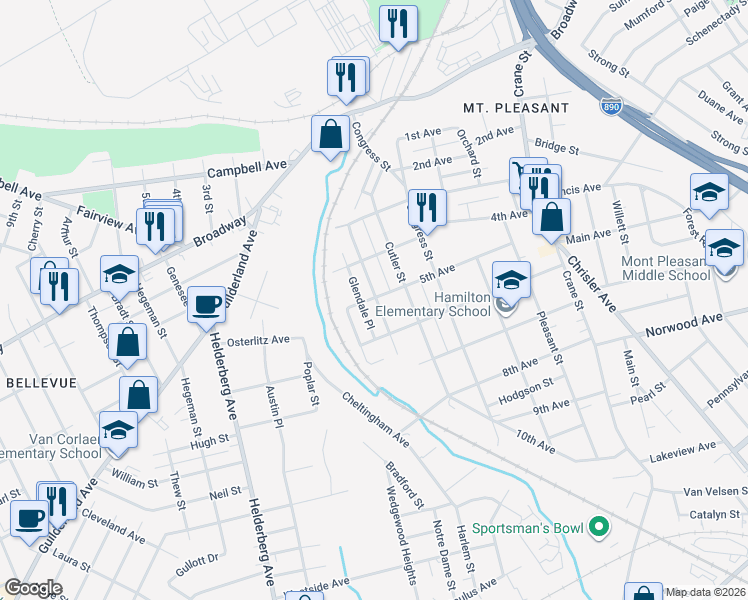 map of restaurants, bars, coffee shops, grocery stores, and more near 1002 Glendale Place in Schenectady