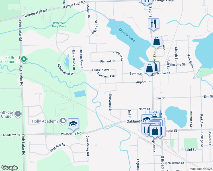 map of restaurants, bars, coffee shops, grocery stores, and more near 315 Airport Drive in Holly