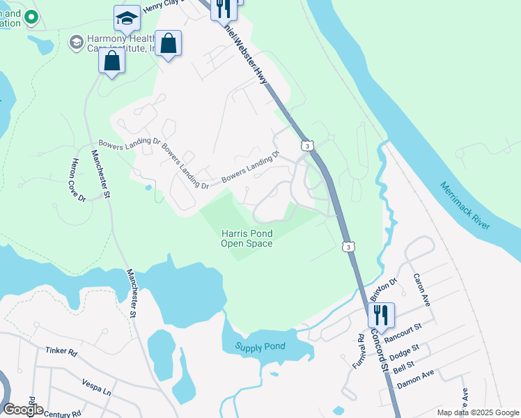 map of restaurants, bars, coffee shops, grocery stores, and more near 38 Merrimack Drive in Merrimack