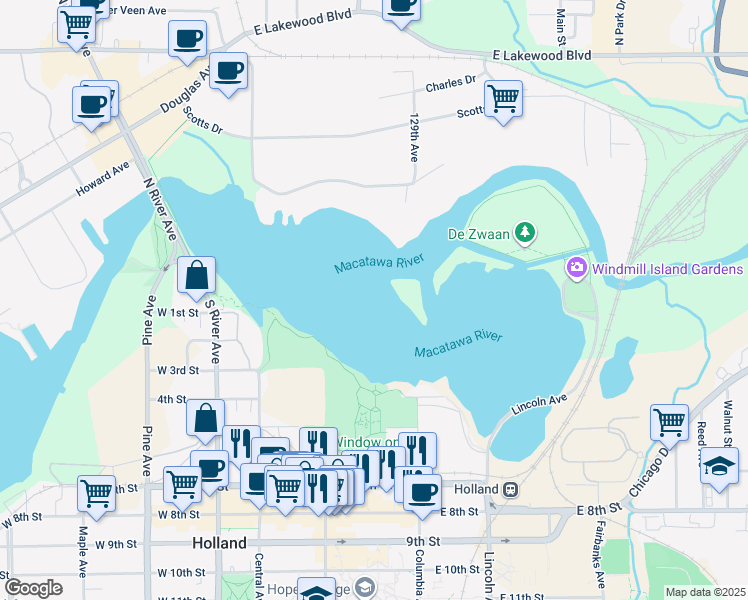 map of restaurants, bars, coffee shops, grocery stores, and more near 3 Central Avenue in Holland