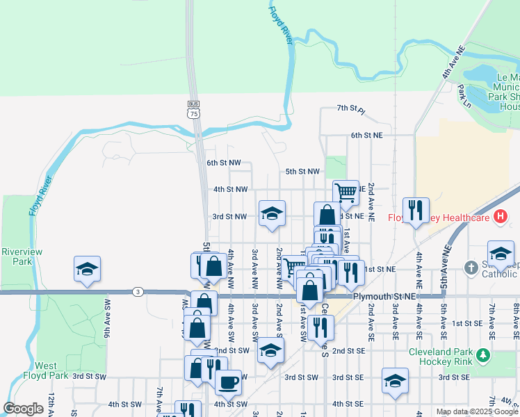 map of restaurants, bars, coffee shops, grocery stores, and more near 227 3rd Avenue Northwest in Le Mars