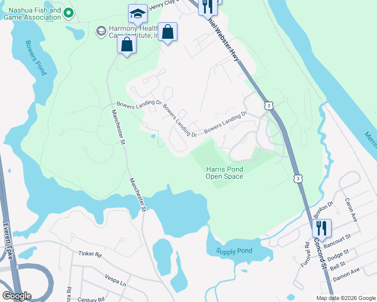 map of restaurants, bars, coffee shops, grocery stores, and more near 11 Bowers Landing Drive in Merrimack