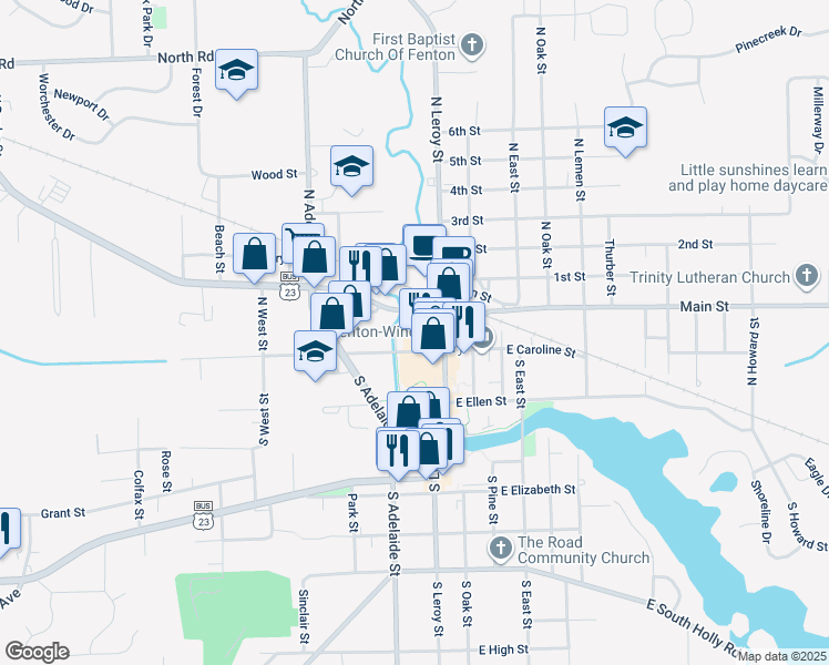 map of restaurants, bars, coffee shops, grocery stores, and more near River Street in Fenton