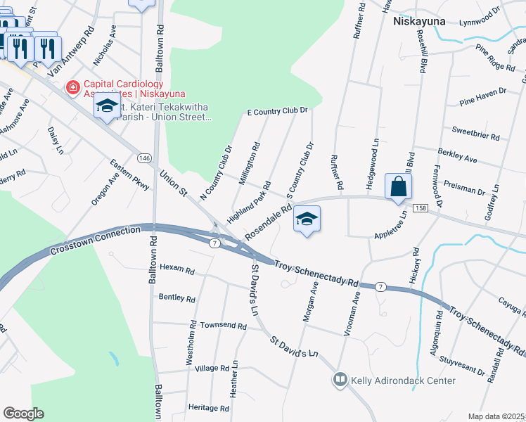 map of restaurants, bars, coffee shops, grocery stores, and more near 1013 Rosendale Road in Schenectady County