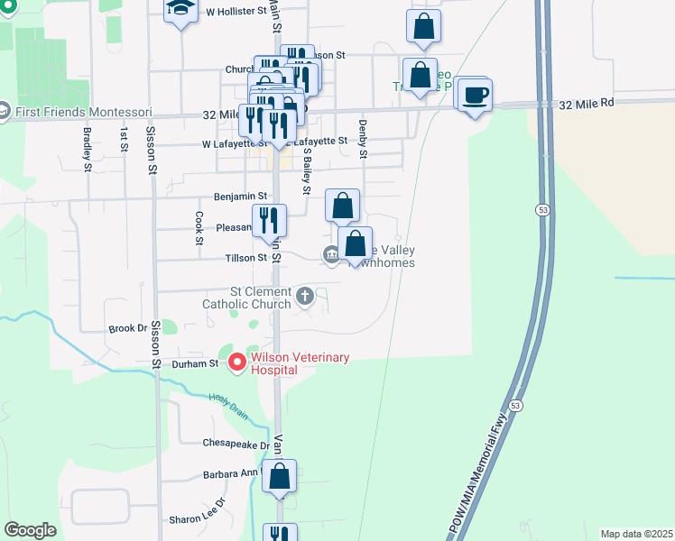 map of restaurants, bars, coffee shops, grocery stores, and more near 298 Lane in Romeo