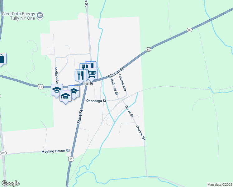 map of restaurants, bars, coffee shops, grocery stores, and more near Railroad Street in Tully
