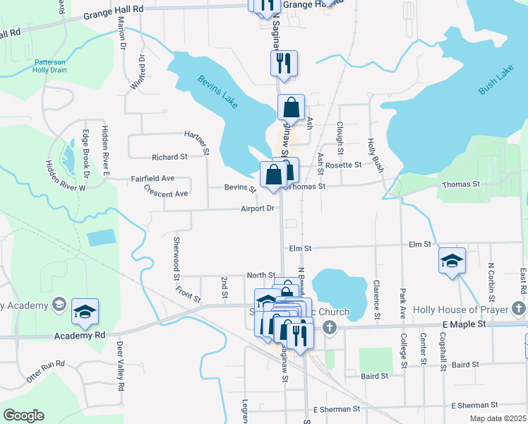 map of restaurants, bars, coffee shops, grocery stores, and more near 103 Airport Drive in Holly