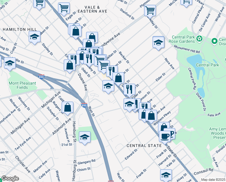 map of restaurants, bars, coffee shops, grocery stores, and more near 1252 Albany Street in Schenectady