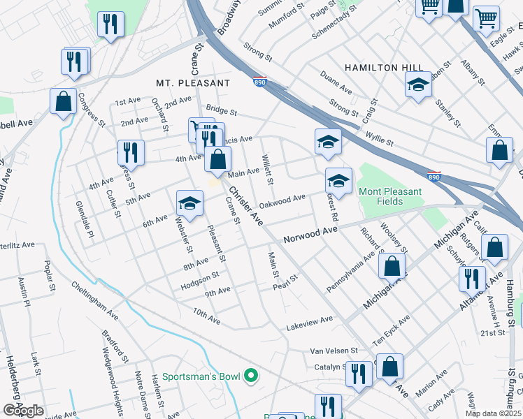 map of restaurants, bars, coffee shops, grocery stores, and more near 1118 Chrisler Avenue in Schenectady