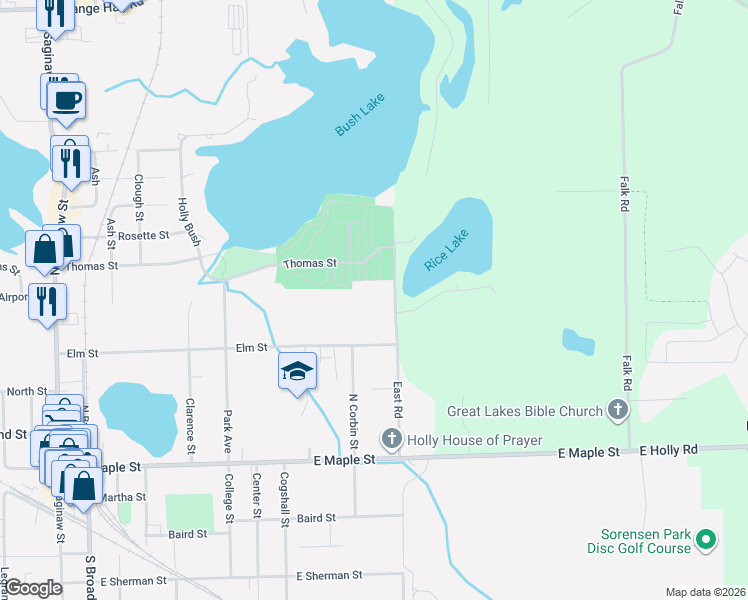 map of restaurants, bars, coffee shops, grocery stores, and more near 877 Elm Street in Holly