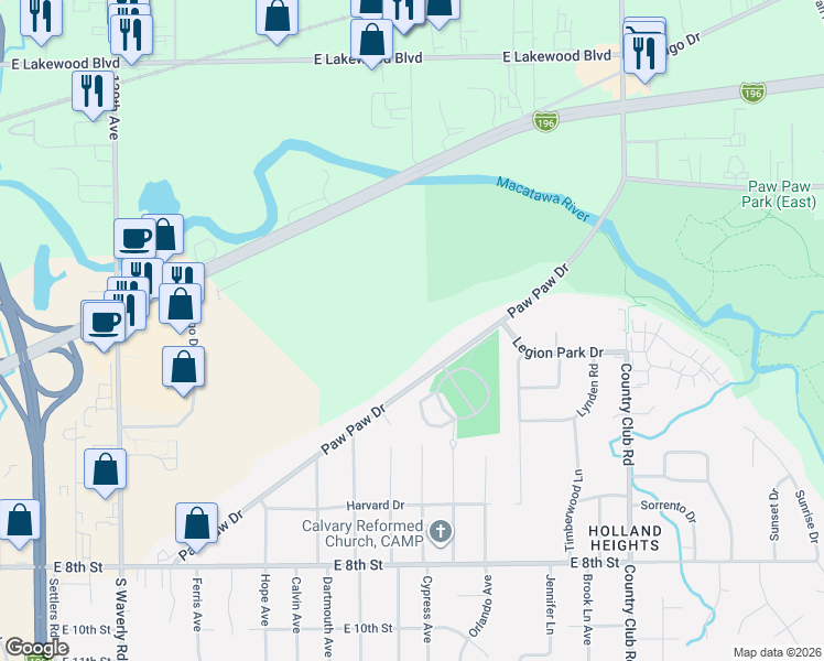 map of restaurants, bars, coffee shops, grocery stores, and more near 935 Paw Paw Drive in Holland
