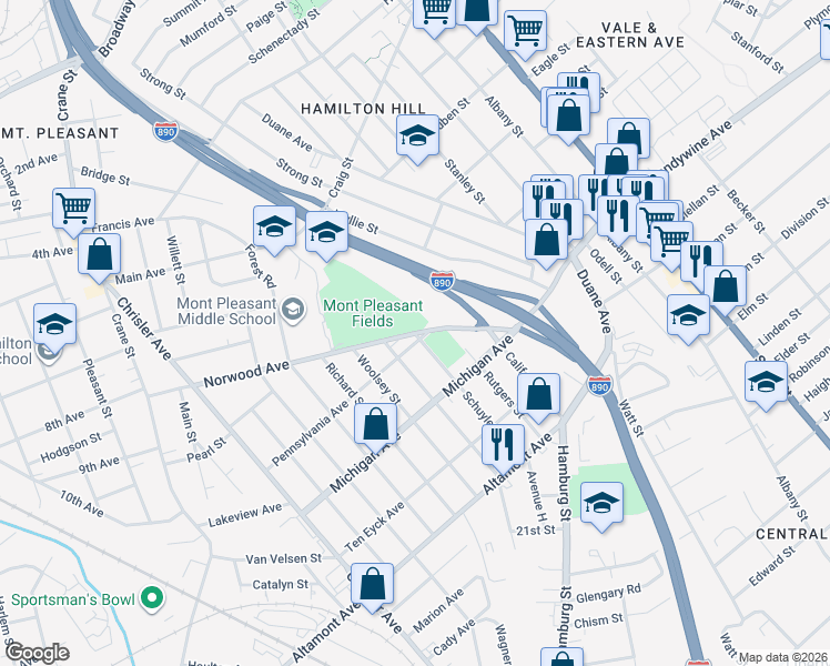 map of restaurants, bars, coffee shops, grocery stores, and more near 400 Norwood Avenue in Schenectady