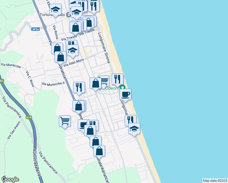 map of restaurants, bars, coffee shops, grocery stores, and more near 376 Lungomare Sirena in Tortoreto Lido