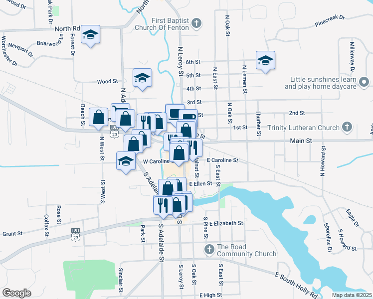 map of restaurants, bars, coffee shops, grocery stores, and more near in Fenton