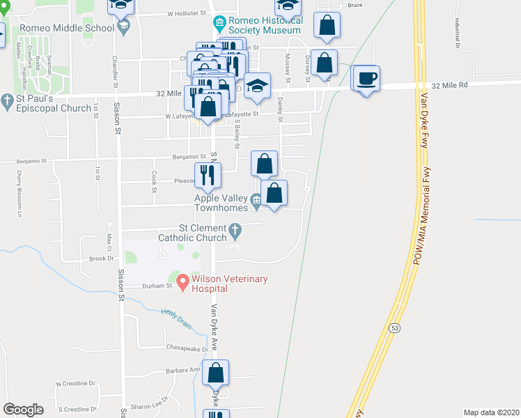 map of restaurants, bars, coffee shops, grocery stores, and more near 398 Strawberry Court in Romeo